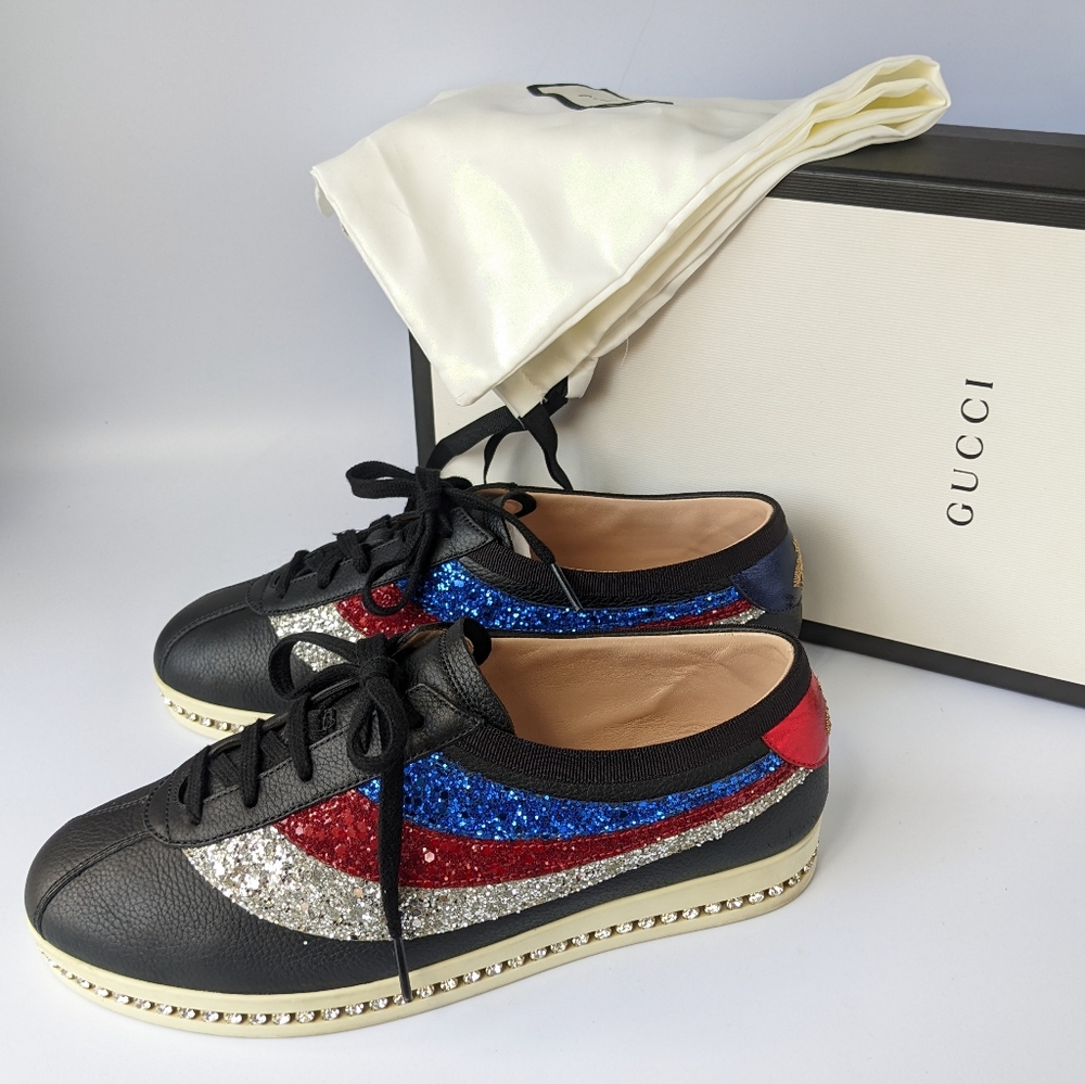 Gucci Black Falacer Glitter Crystal Rhinestone Sneakers Size 38.5 - Picture 9 of 10